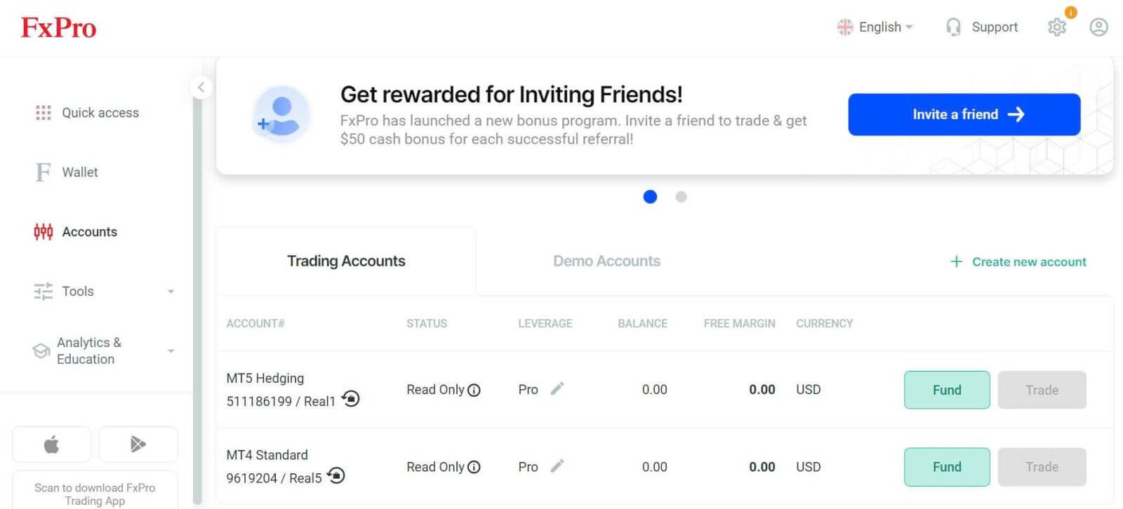 Conta aberta e depósito FxPro: etapas, mínimos e opções de pagamento